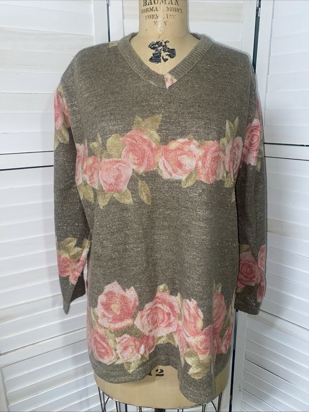 Gabriella T. Sweater Women's Large Made In Italy Knit Wool Blend Pullover Floral